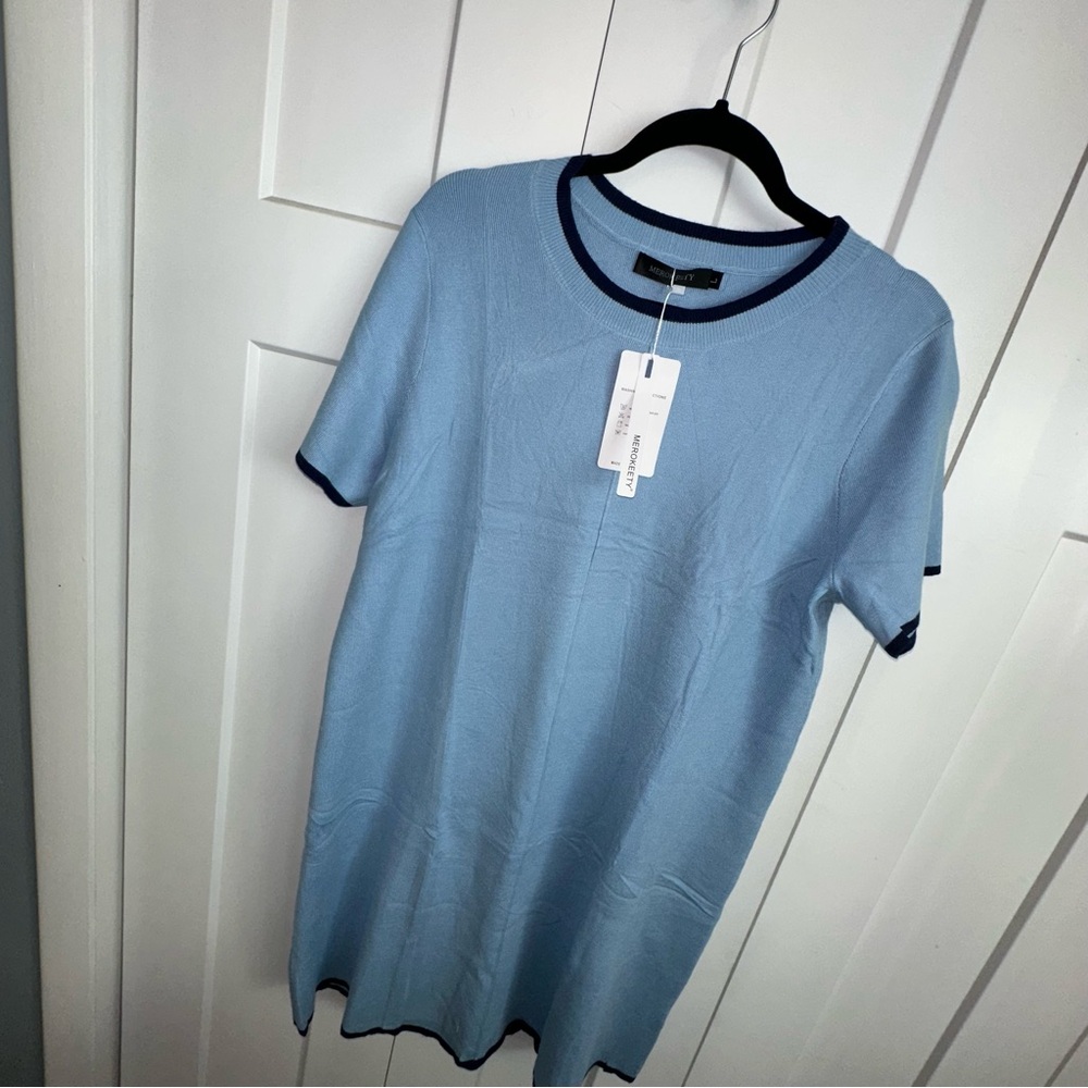 Merokeety Light Blue Sweater Dress with Navy Trim- Large nwt - Picture 2 of 9